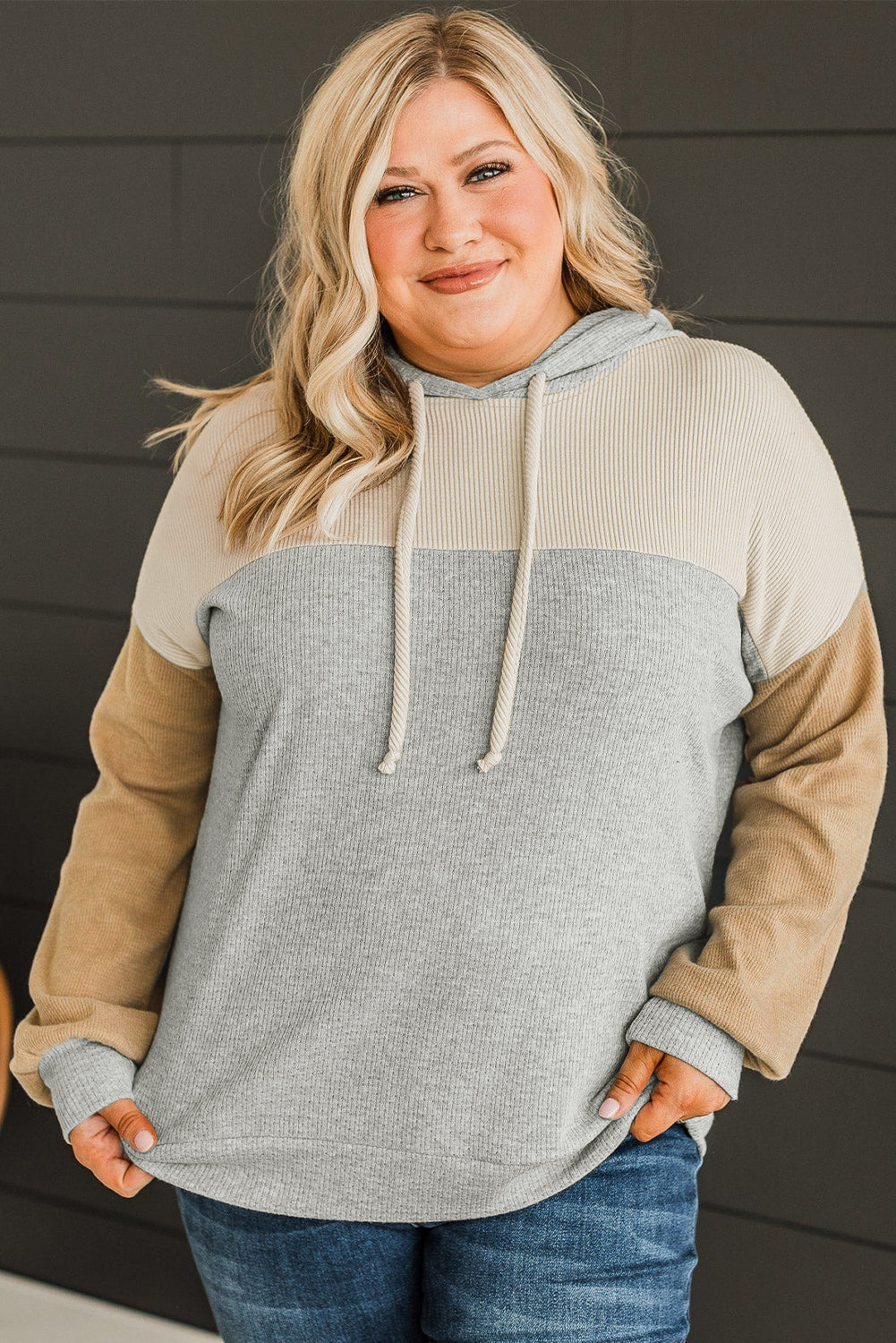 Multicolour Plus Size Colorblock Drop Shoulder Ribbed Knit Hoodie