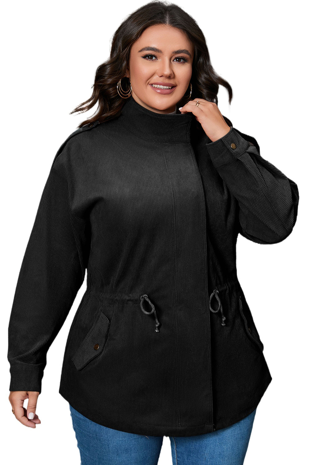 Green Plus Size Button Zipped Corduroy Jacket