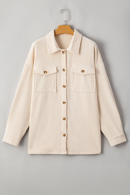 Oatmeal Textured Flap Pockets Buttoned Plus Size Shacket