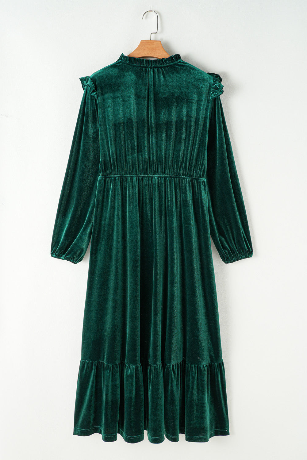 Blackish Green Velvet Frilled up Neck Ruffled High Waist Plus Size Midi Dress