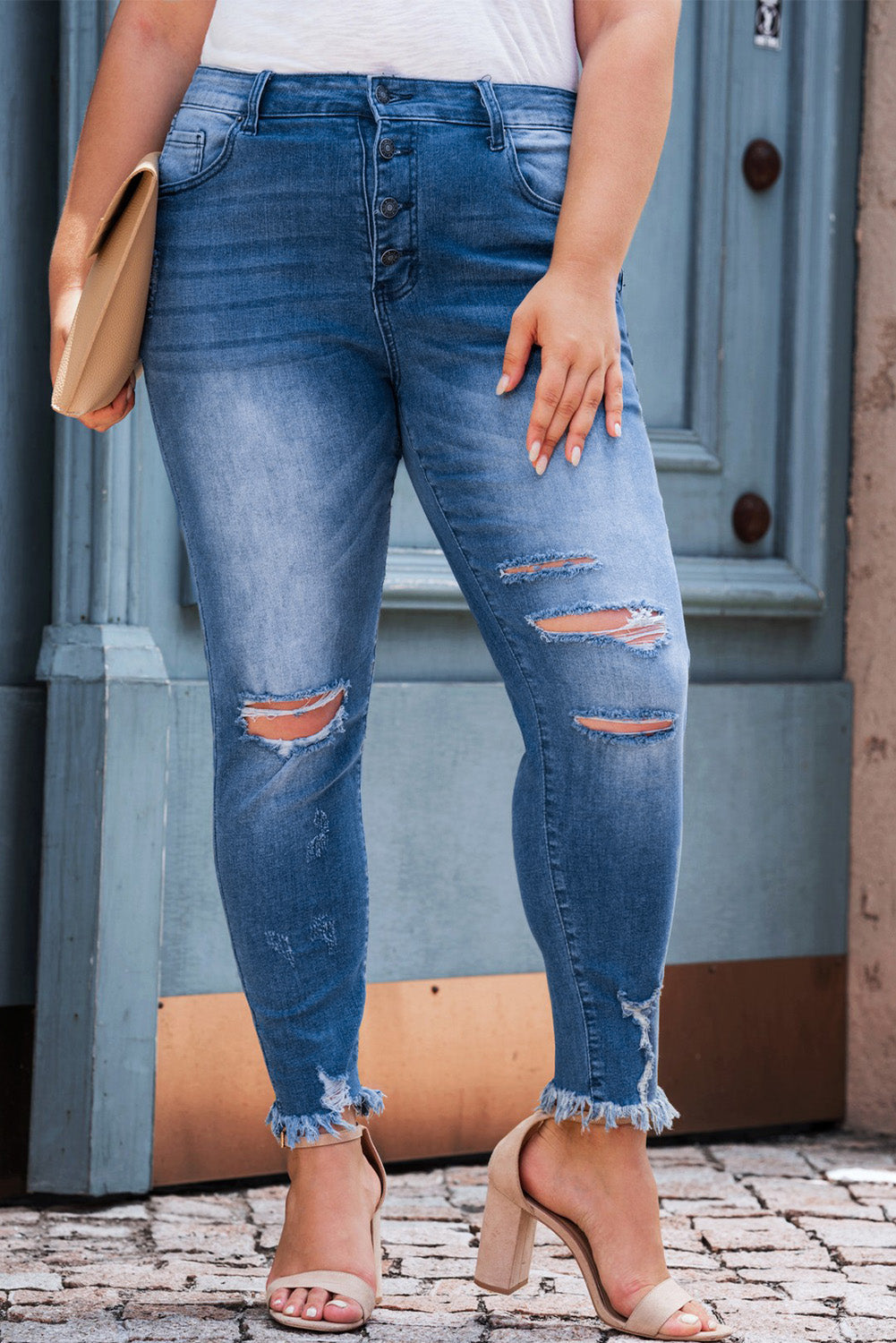 Blue Plus Size High Rise Buttons Skinny Jeans