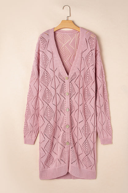 Pink Open Knit Button-Up Plus Size Cardigan