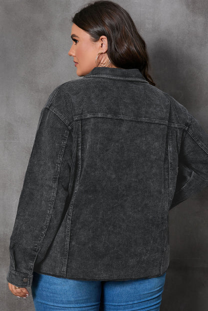 Gray Plus Size Flap Pocket Raw Edge Corduroy Jacket