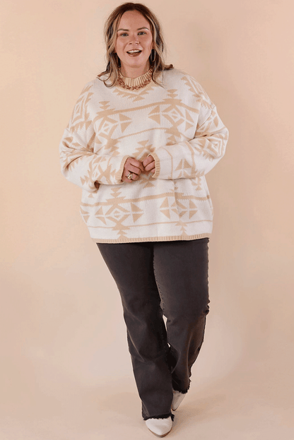 Apricot Plus Size Western Aztec Print Loose Sweater