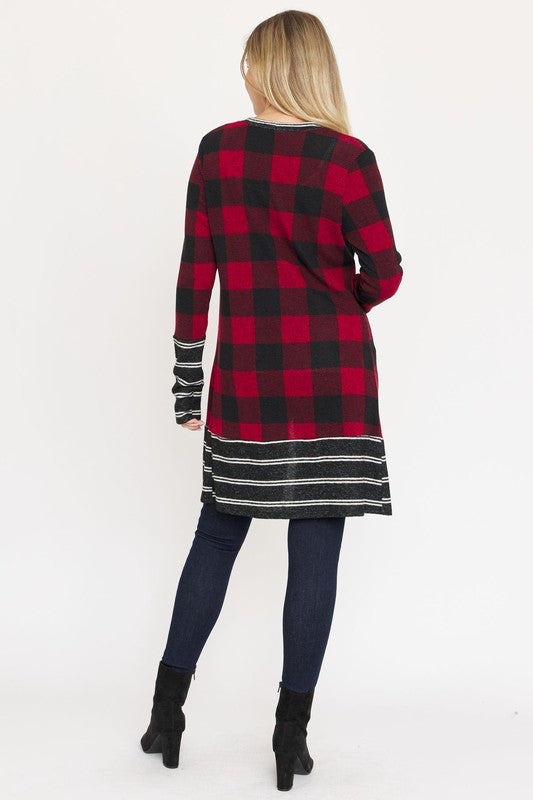 Long Buffalo Plaid Stripe Trim Open Cardigan