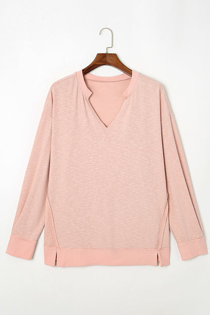 Pink Raw Cut Notched Neck Plus Size French Terry Hoodie