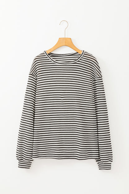 Rose Stripe Round Neck Drop Shoulder Long Sleeve Top