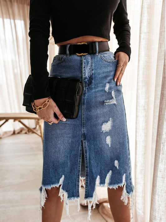 Distressed denim midi skirt