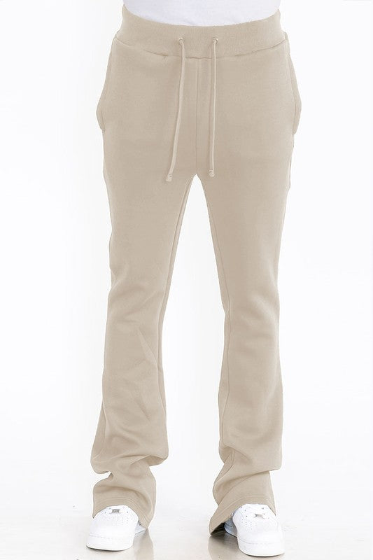 Mens Solid Fleece Flare Stacked PANTS