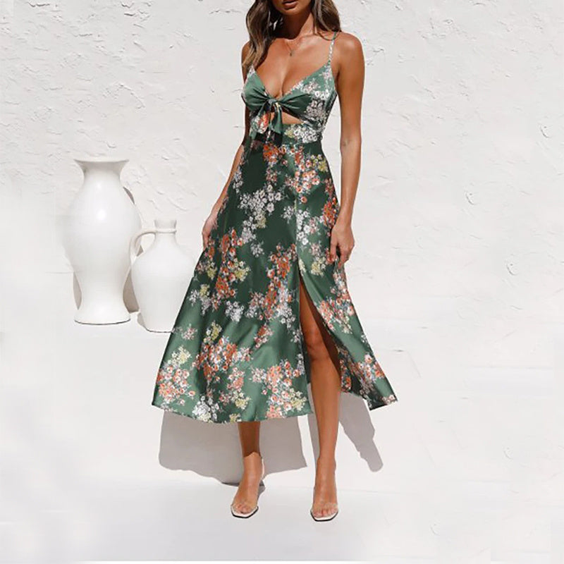 Floral Split Suspender Dress | Sleeveless Bowknot Beach Dress