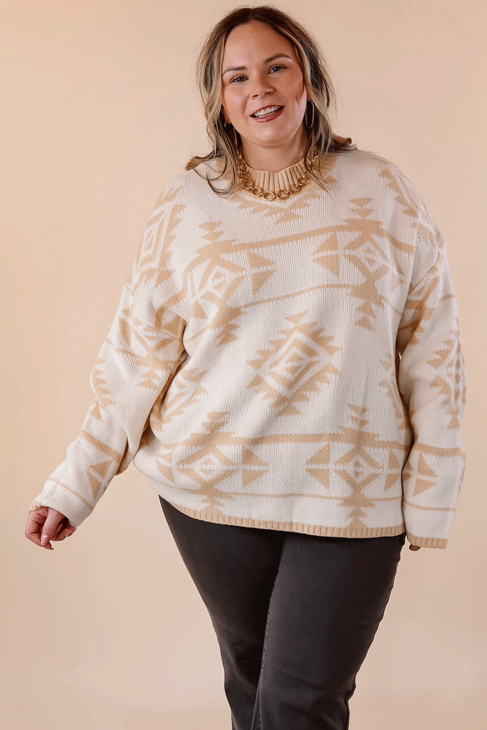 Apricot Plus Size Western Aztec Print Loose Sweater