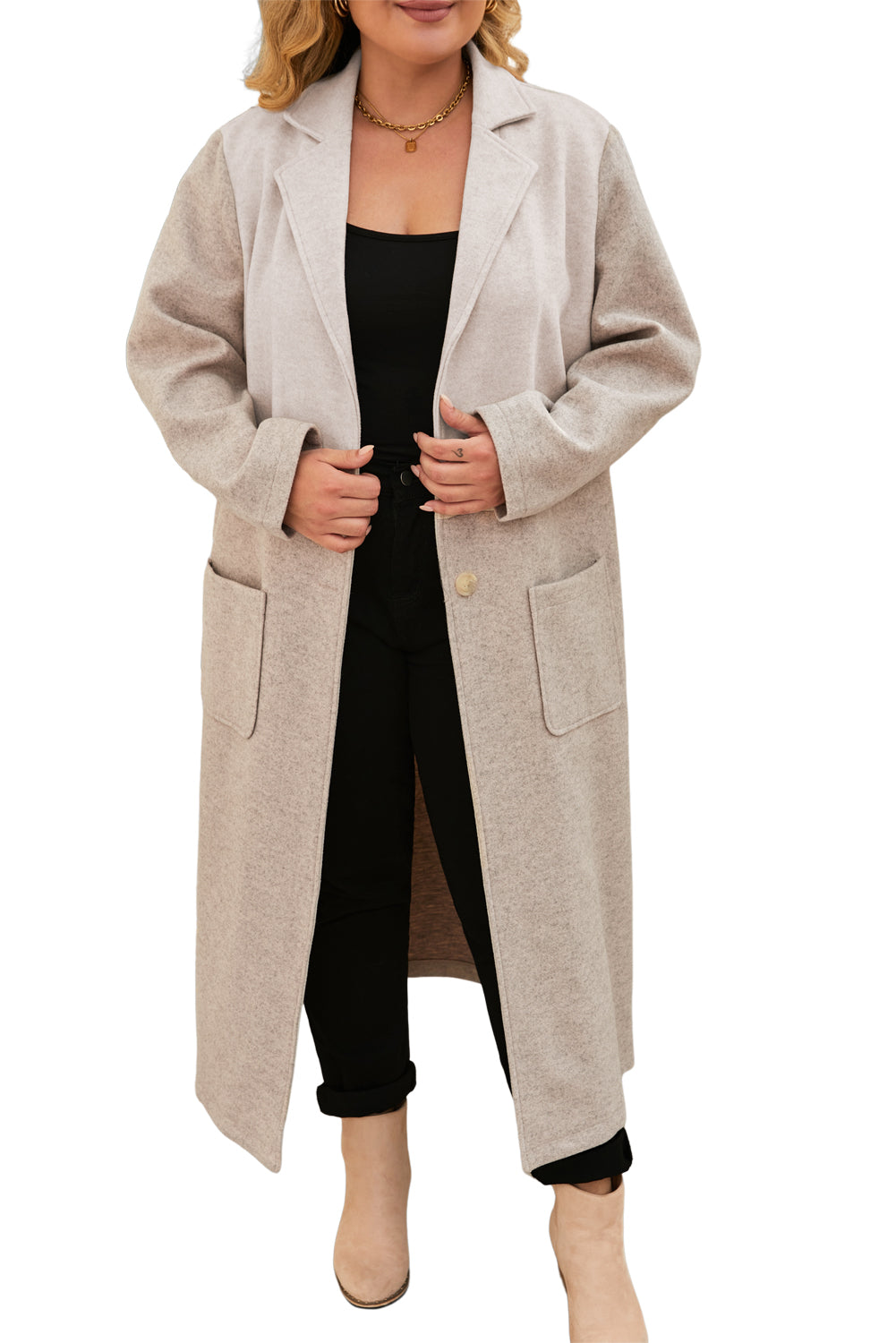 Khaki Plus Size Colorblock Lapel Collar Long Coat