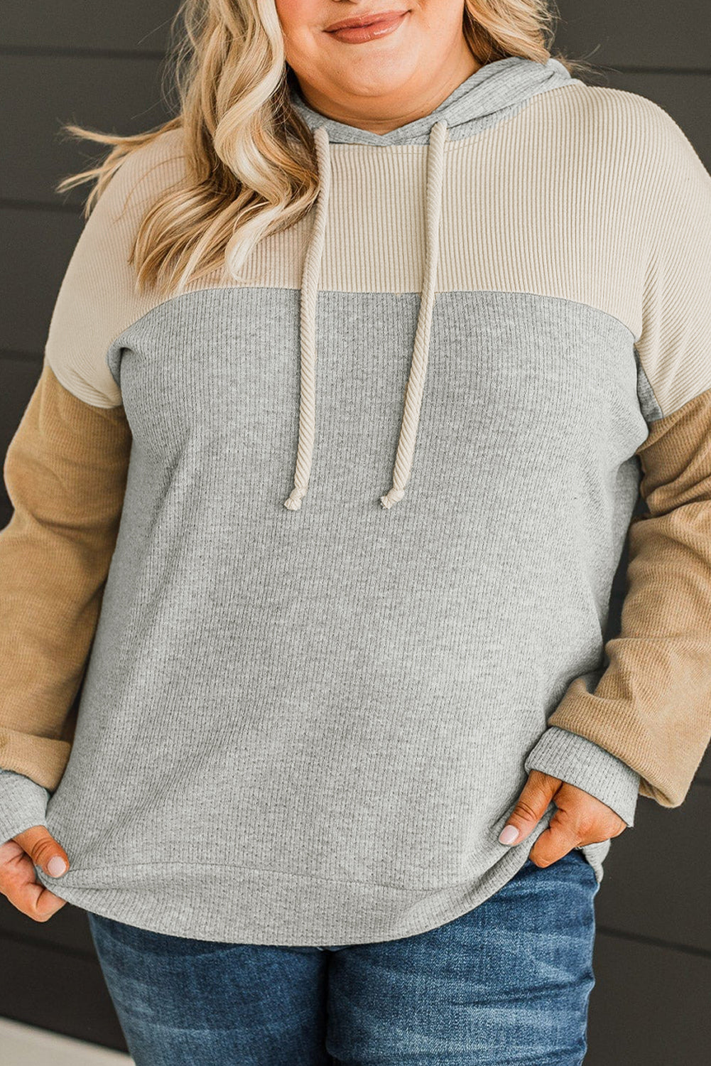 Multicolour Plus Size Colorblock Drop Shoulder Ribbed Knit Hoodie