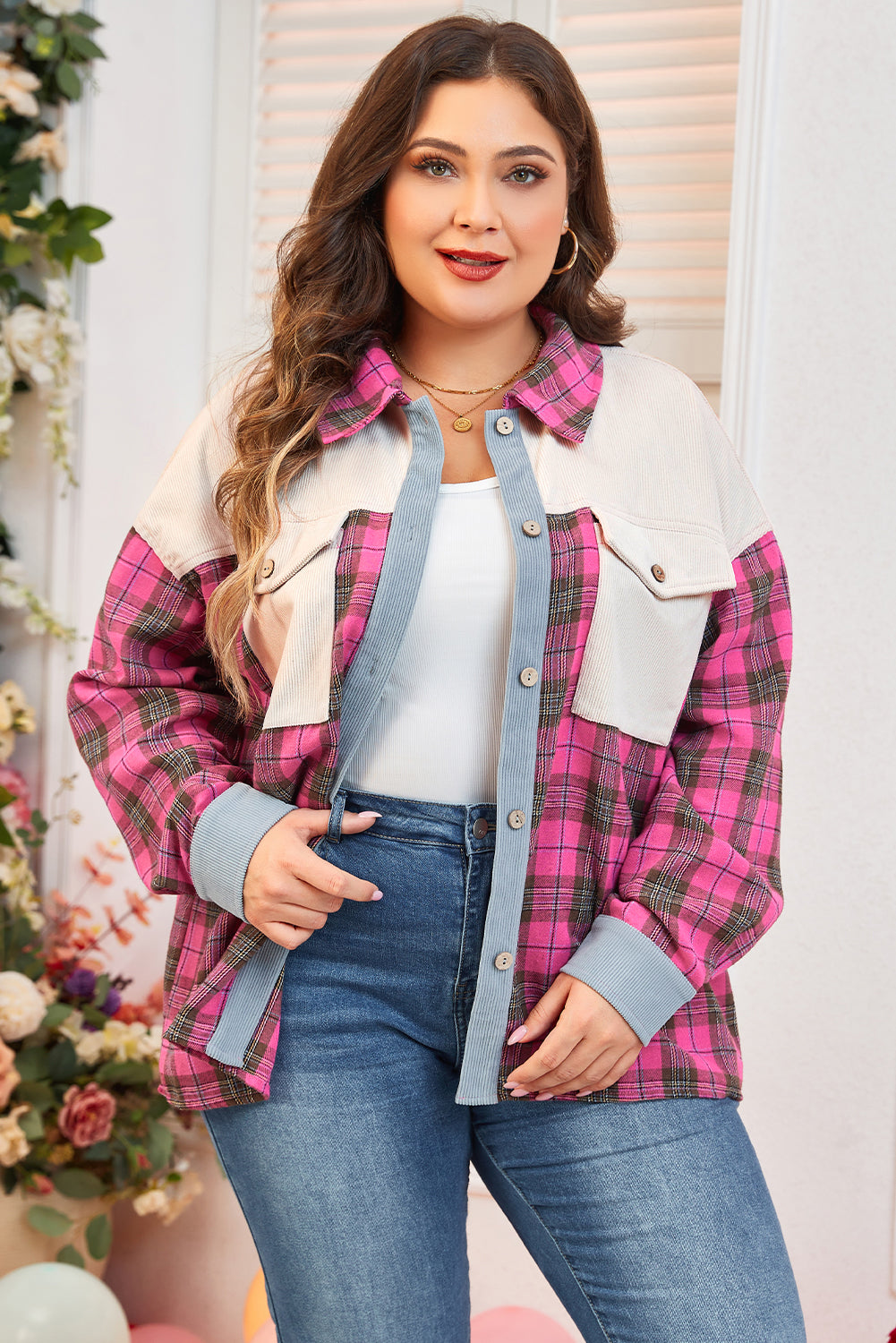 Red Plaid Print Waffle Knit Patchwork Plus Size Shirt