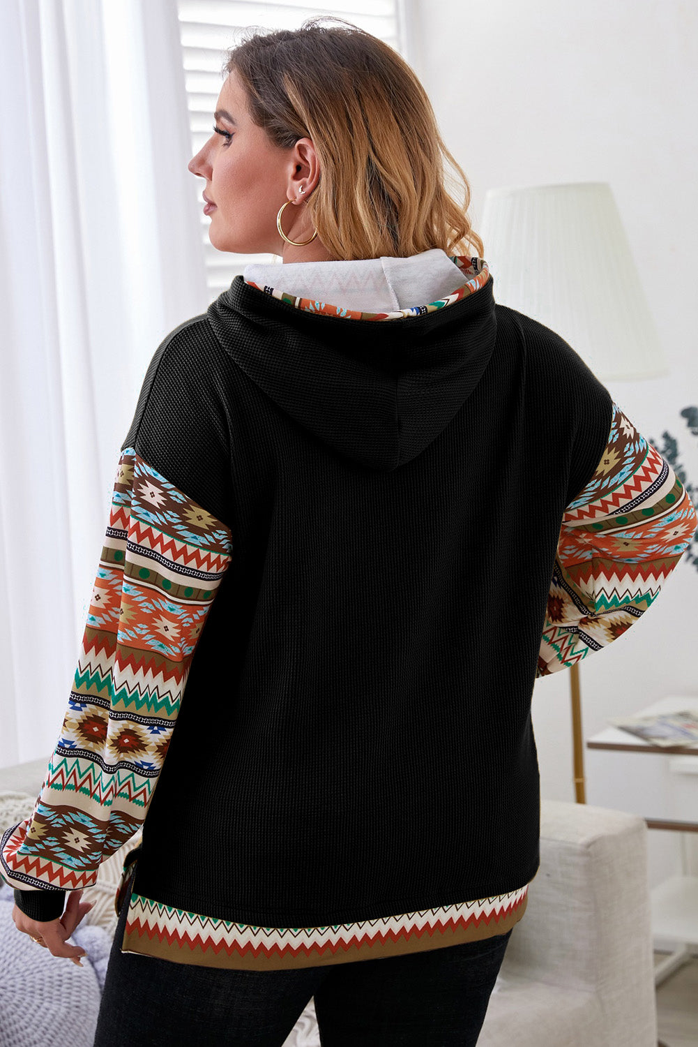 Black Aztec Patchwork Sleeve Waffle Drawstring Plus Hoodie