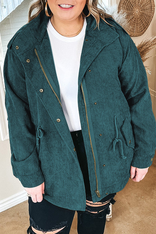 Green Plus Size Button Zipped Corduroy Jacket