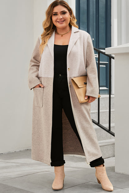 Khaki Plus Size Colorblock Lapel Collar Long Coat