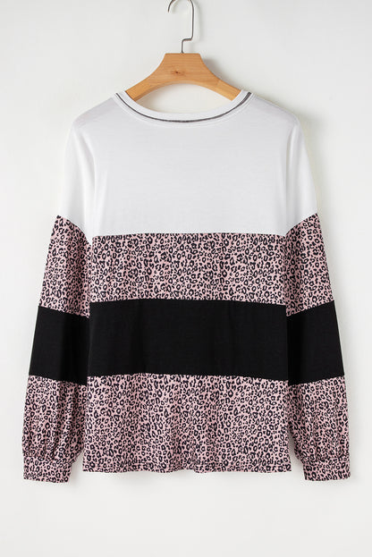 Black Leopard Print Colorblock V Neck Long Sleeve Plus Size Top