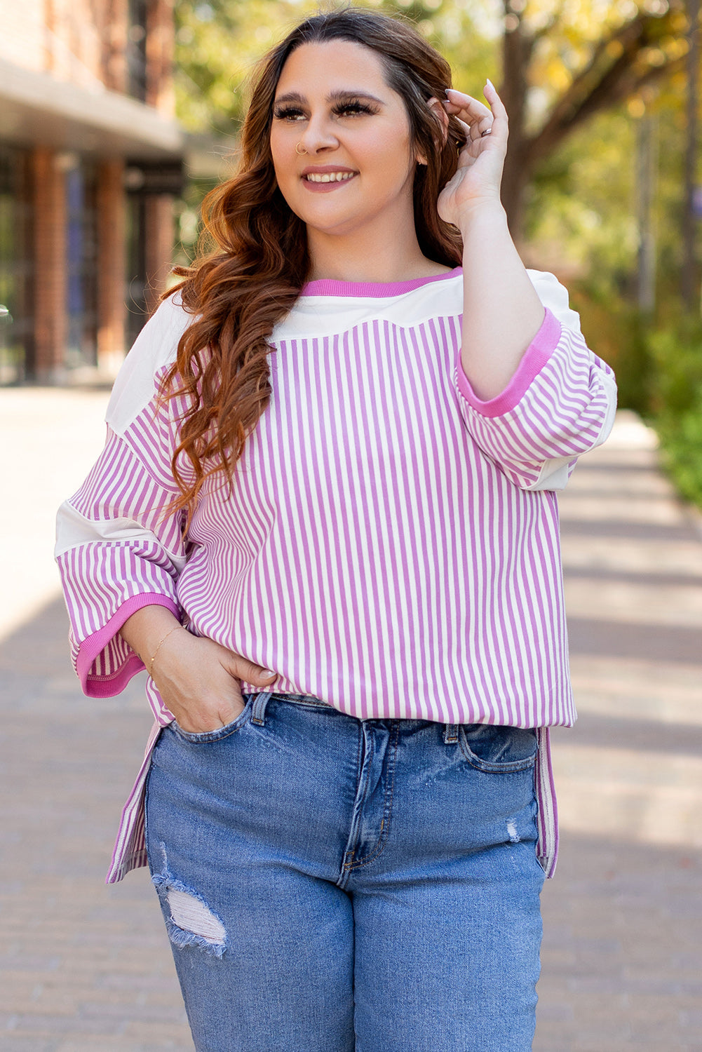 Khaki Stripe Patchwork Bracelet Sleeve Plus Size T Shirt