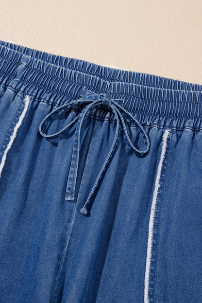 Sail Blue Washed Denim Chambray Loose Plus Size Pants