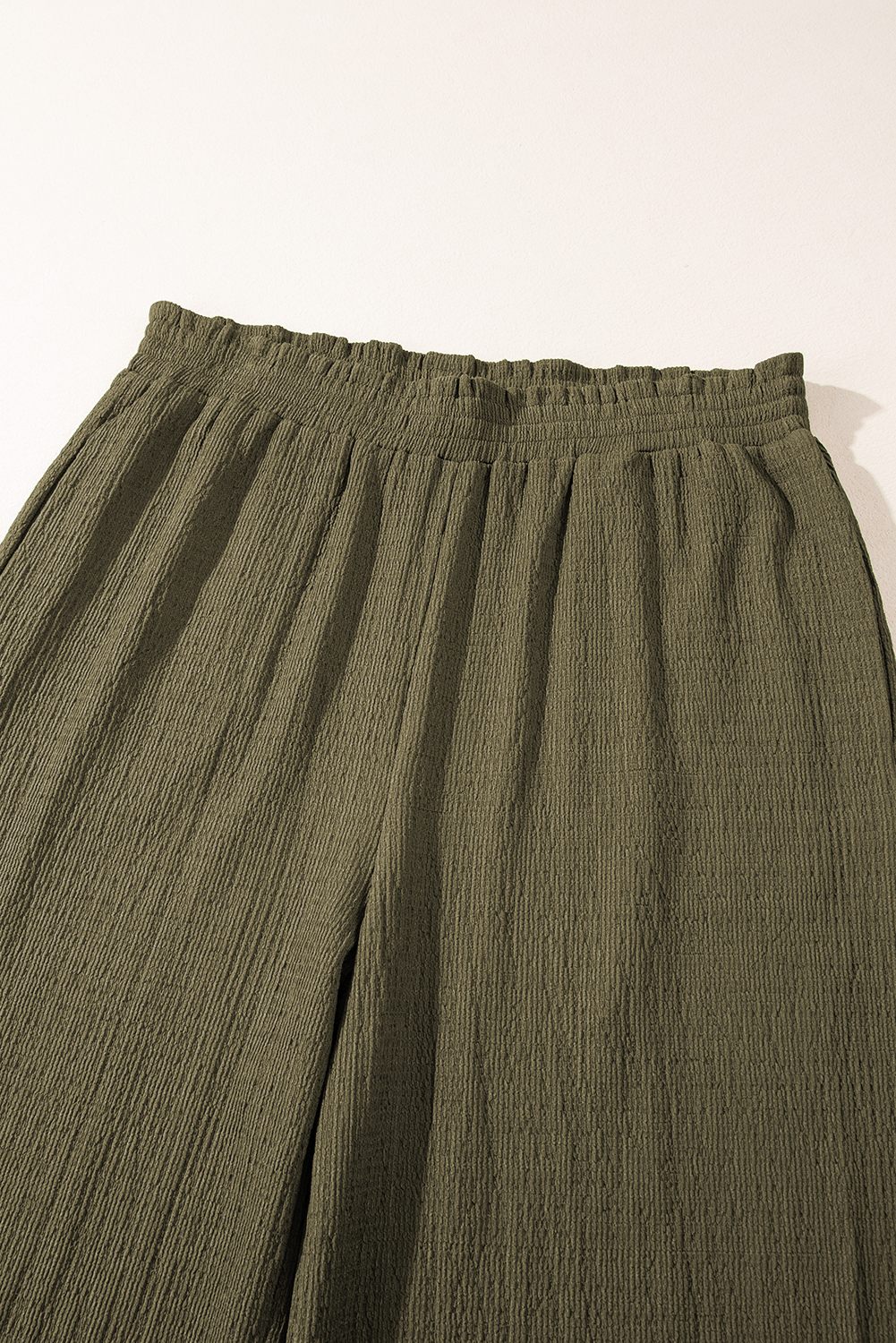 Jungle Green Plus Size Textured Shirred High Waist Casual Pants