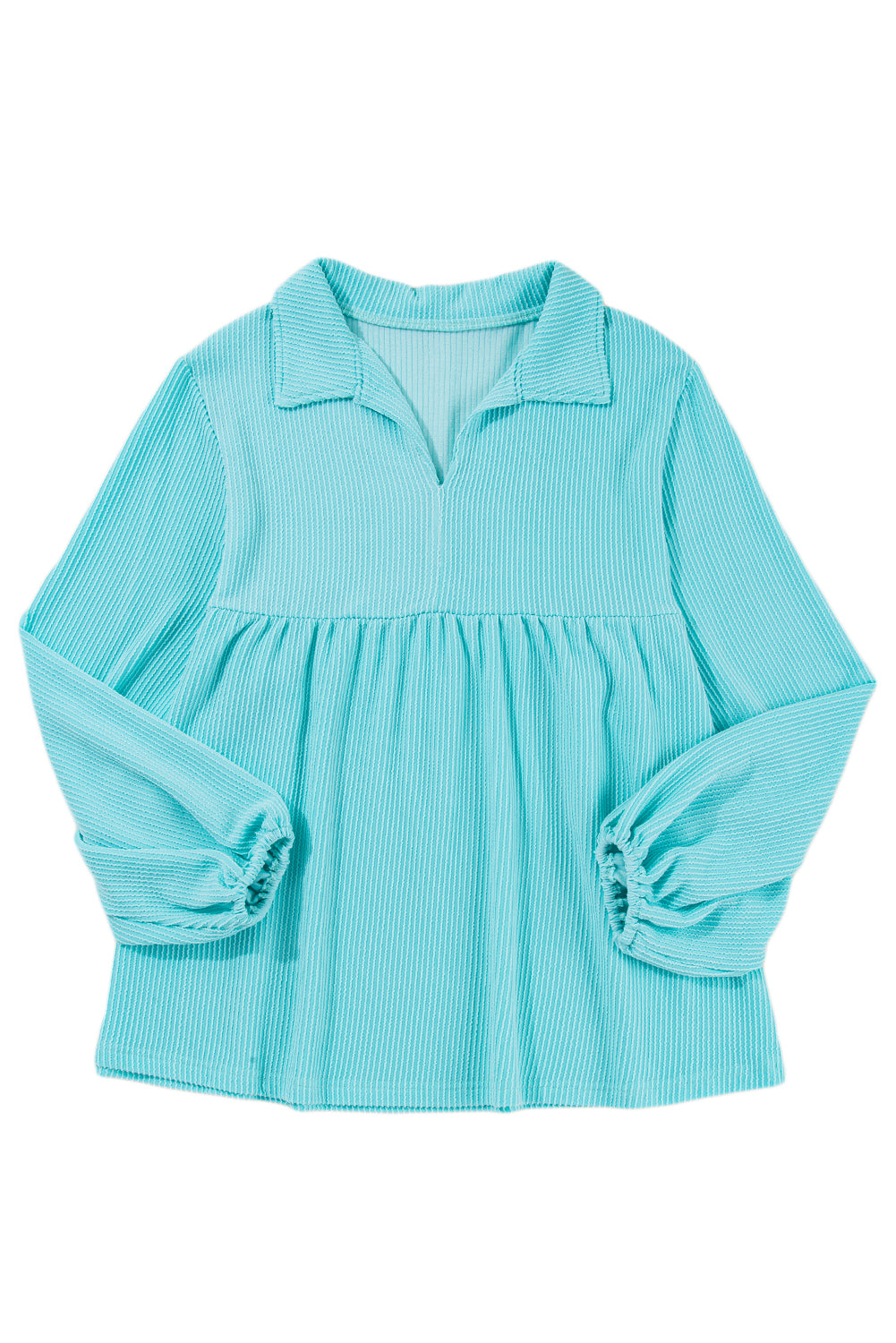 Turquoise Cordrd Balloon Sleeve Collar Plus Babydoll Top