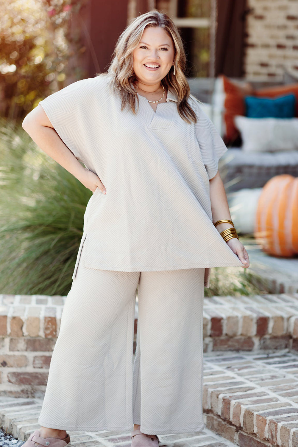 Beige Plus Size Textured Collared Top and Pants Set