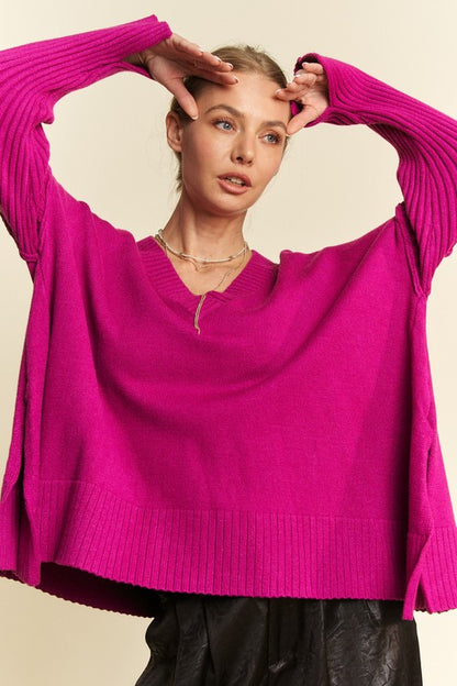 Davi & Dani Ribbed Side Slit V-Neck Sweater