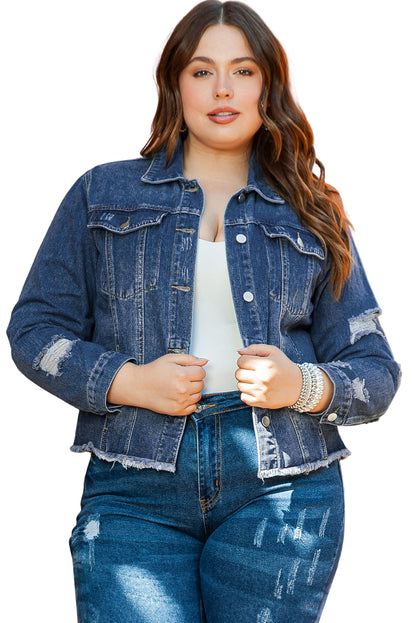 Dark Blue Plus Size Distressed Flap Pocket Denim Jacket