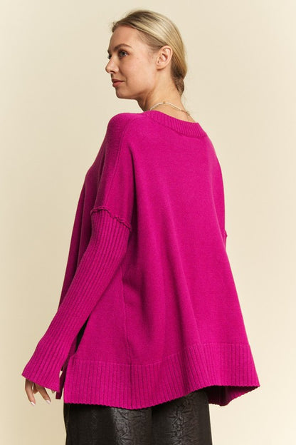 Davi & Dani Ribbed Side Slit V-Neck Sweater