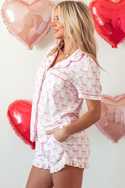 Short Sleeve and Ruffled Shorts Pajama Set