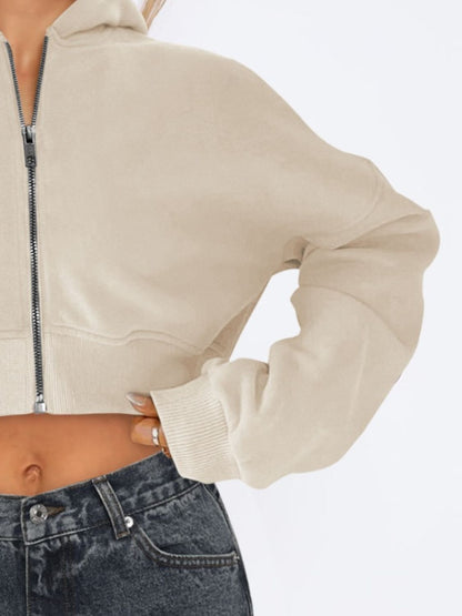 Zip Up Long Sleeve Hooded Cropped Jacket