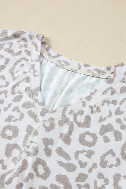 Brown Leopard Print V Neck Plus Size T Shirt