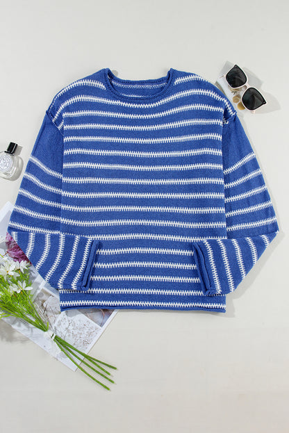 Sky Blue Stripe Drop Shoulder Casual Sweater