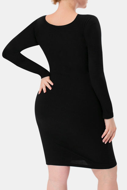 Basic Bae Full Size Built-In Shapewear Square Neck Long Sleeve Dress