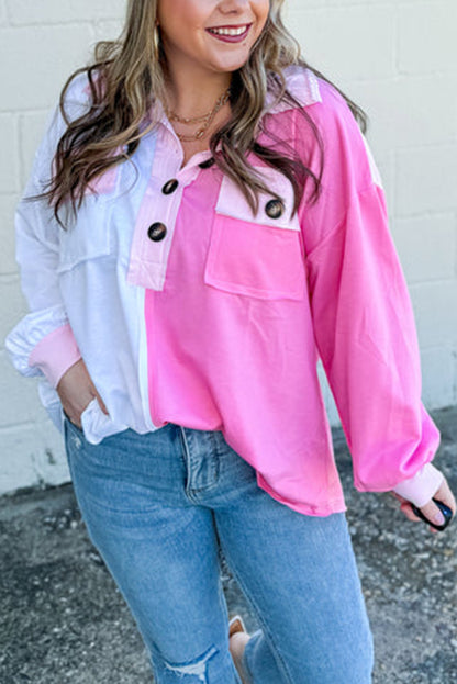 Bonbon Color Block Chest Pockets Half Button Plus Size Sweatshirt