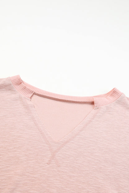 Pink Raw Cut Notched Neck Plus Size French Terry Hoodie