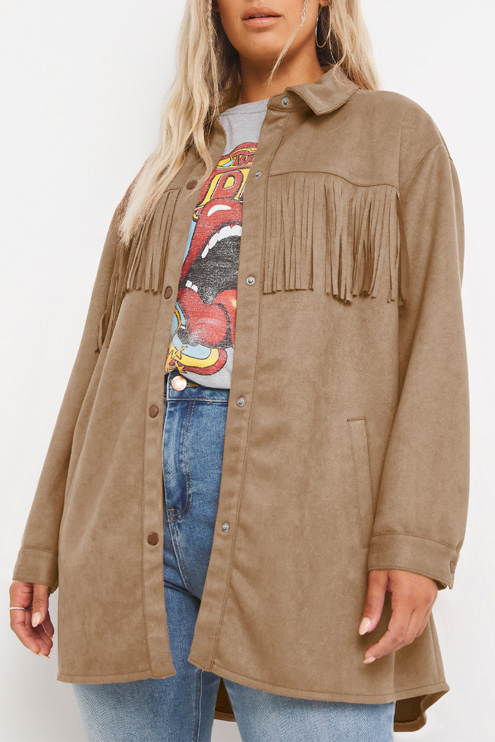 Khaki Fringe Trim Plus Size Suede Shacket