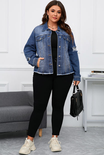 Dark Blue Plus Size Distressed Flap Pocket Denim Jacket