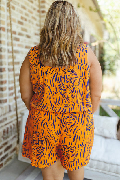 Yellow Plus Size Tiger Print Sleeveless V Neck Romper