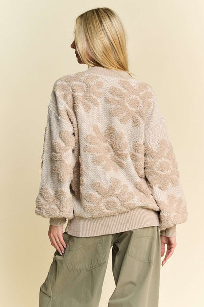 Davi & Dani Flower Texture Round Neck Dropped Shoulder Sweater