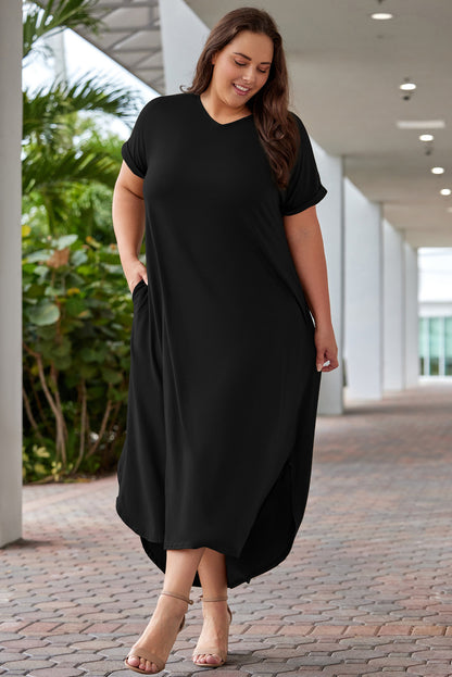 Green Plus Size V Neck Rolled Cuffs Maxi Dress