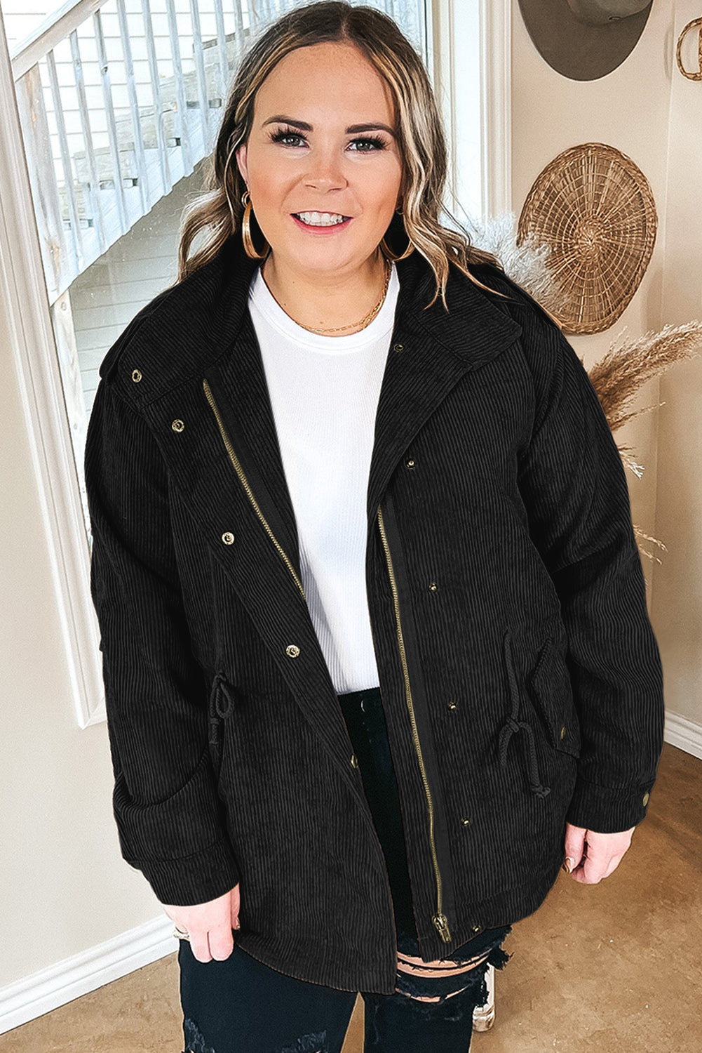 Green Plus Size Button Zipped Corduroy Jacket