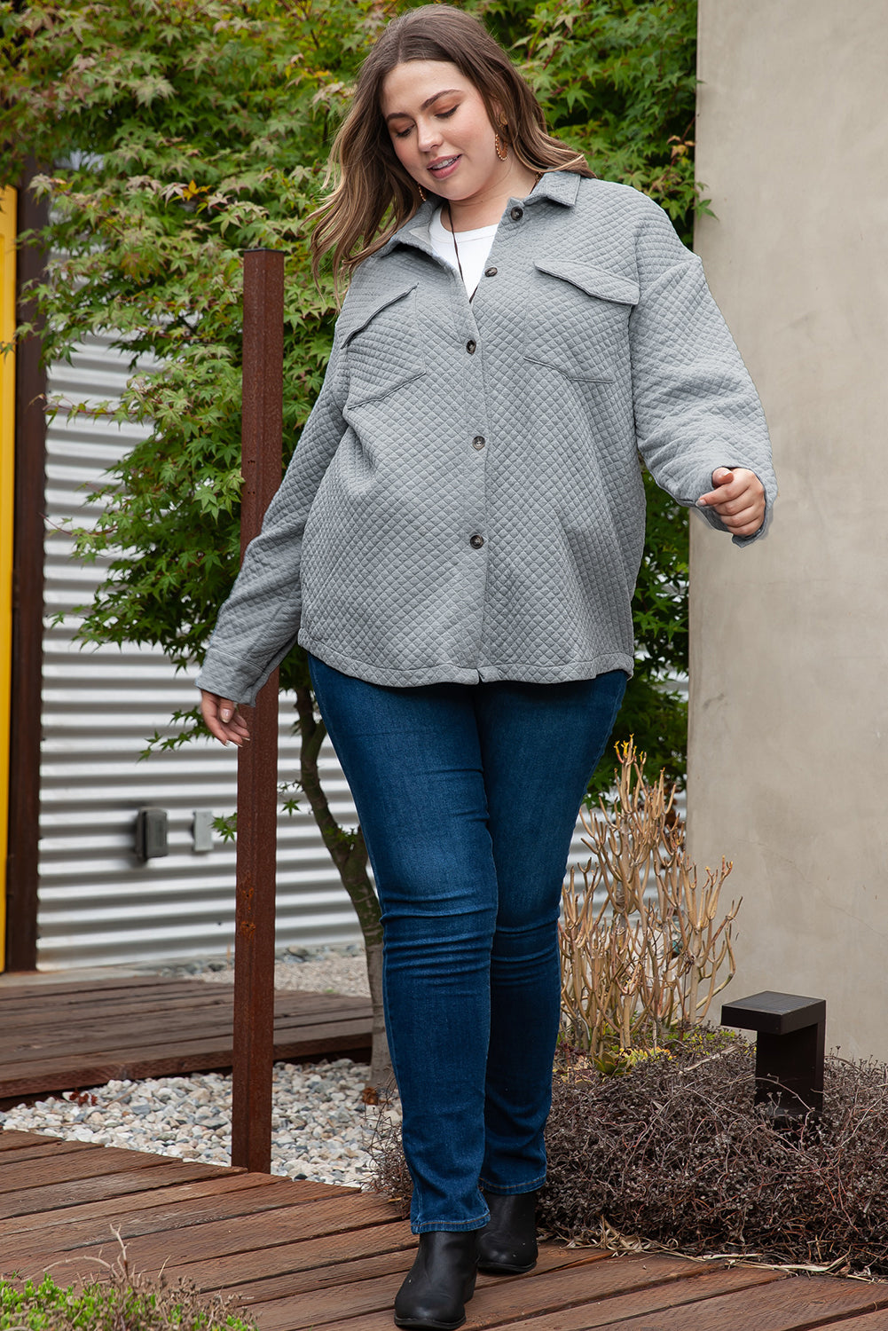 Gray Plus Size Quilted Pattern Shacket