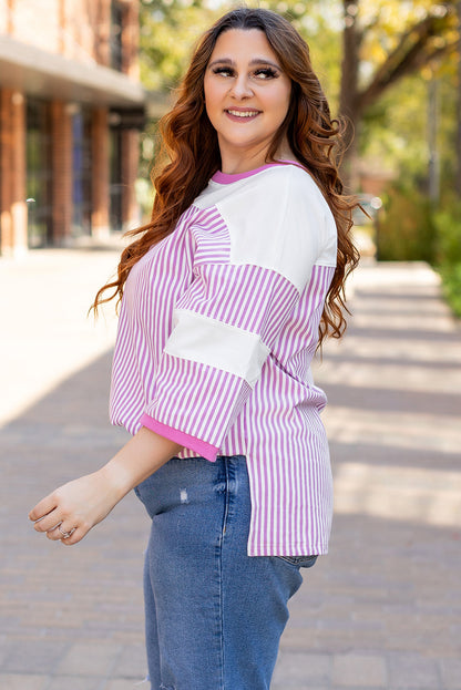 Khaki Stripe Patchwork Bracelet Sleeve Plus Size T Shirt