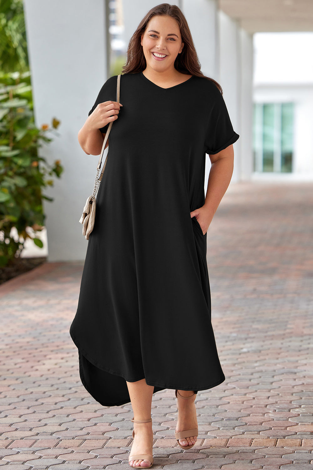 Green Plus Size V Neck Rolled Cuffs Maxi Dress