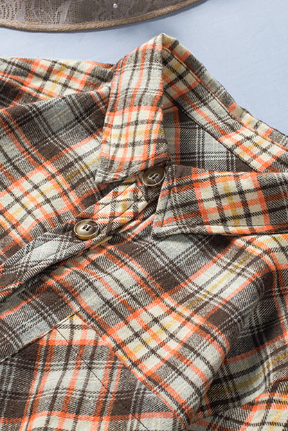 Apricot Plaid Print Button Long Sleeve Plus Size Shirt Coat