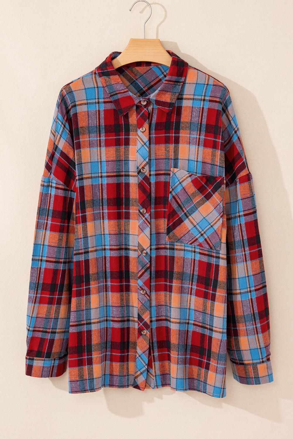 Red Plus Size Plaid Print Buttoned Shirt