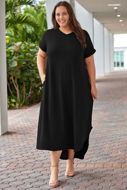 Green Plus Size V Neck Rolled Cuffs Maxi Dress