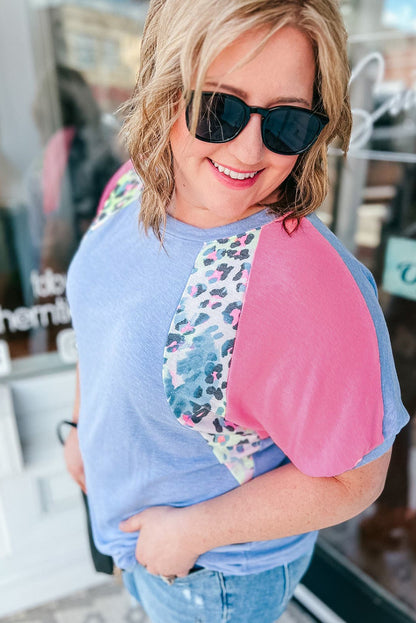 Sky Blue Leopard Print Patch Colorblock Plus Size T Shirt